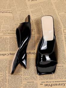 Women's Black Square Toe High Heel Slip-On Sandals, Casual Versatile Open Heel Mules - Black - View 6