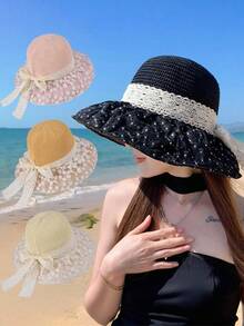 1pc Women's Summer Lace Bow Sun Hat, Breathable Wide Brim Sun Protection Bucket Hat, Outdoor Beach Travel - Sun Hat - View 1