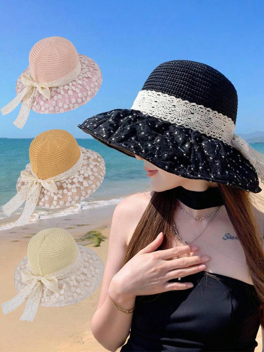 1pc Women's Summer Lace Bow Sun Hat, Breathable Wide Brim Sun Protection Bucket Hat, Outdoor Beach Travel - Sun Hat - View 1