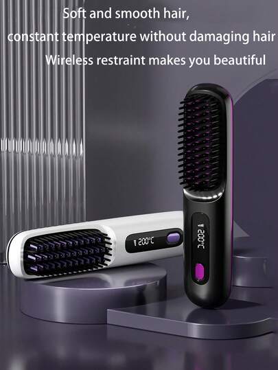1pc Portable Wireless Hair Straightener Brush, 3 Temperature Settings, LCD USB Charging, Negative Ion Technology, Ceramic Heating, 2000mAh Battery, Wireless Cordless Straightening Brush, Anti-Scald, Suitable For Students, Outdoor, Travel, Home Use, Travel Accessories, Women Gift