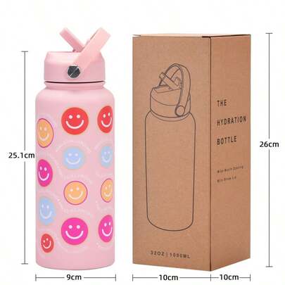 1 Pc 2026 New Sports Water Bottle Stainless Steel Large Capacity 32oz Printed Large Mouth Insulated Cup Portable Handle Straw Water Cup, Suitable For Office, School, Outdoor Sports