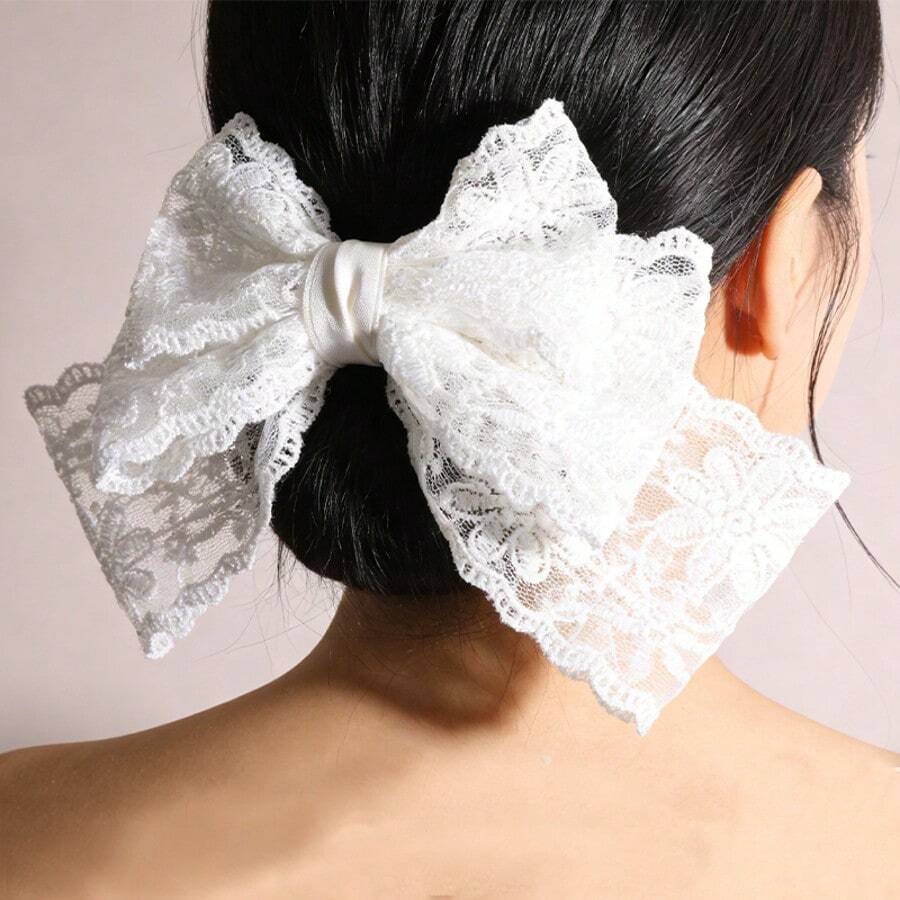 1pc Minimalist Lace Triple-Layer Bow, Suitable For Weddings, Holidays, Daily Wear, School, Travel - Beige - View 1