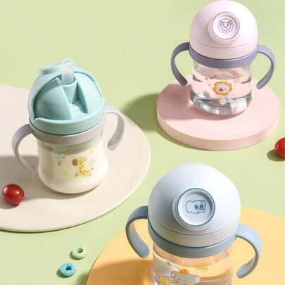 250毫升儿童水瓶，带吸管、重力球、提手，卡通动物图案，防漏防震，适合上学和户外活动，粉色和多种颜色可选，PC材质