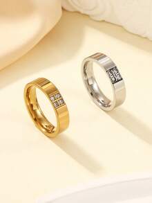 2 piezas Juego de anillos minimalistas de moda de acero inoxidable con baño de oro, incrustados con rhinestones blancos, adecuados para uso diario de mujeres o como regalo - Multicolor - Ver 9