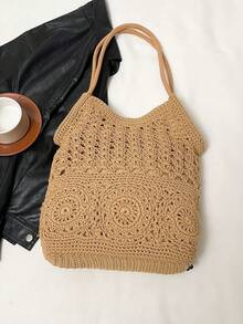 Women's Simple And Versatile, High-Quality, Large-Capacity Woven Tote Bag With Charm Embellishment, Perfect For Everyday Use And Vacations. - Khaki - View 6