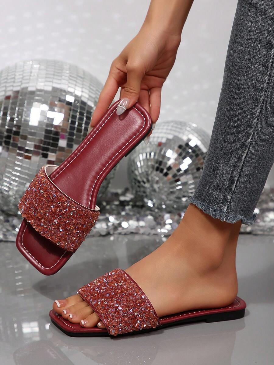 French Luxury Fashion Plus Size Beach Resort Versatile Rhinestone Indoor Outdoor Non-Slip Fresh Mom Slippers - Burgundy - View 1