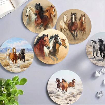 Bộ 6/120 chiếc đế lót ly bằng gỗ tròn in 2D hình ngựa thảo nguyên, thích hợp trang trí sân vườn, nhà bếp, phòng khách, bàn ăn gia đình, quà tặng cho bạn bè và gia đình vào các dịp lễ, thích hợp cho Ngày Valentine, đám cưới, tiệc sinh nhật, phụ kiện trang trí nhà cửa, món quà tuyệt vời nhất dành cho bạn bè.
