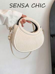 Bolso de hombro/cruzado para ir al trabajo/citas con diseño minimalista clásico, bolso con estampado de rayas en relieve, bolso cruzado redondo de moda con doble asa, cartera de mujer novedosa - Blanco - Ver 1