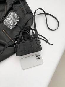 Fashionable Solid Color PU Drawstring Mini Handbag, Metallic Color Crossbody Shell Bag For Women - Black - View 5
