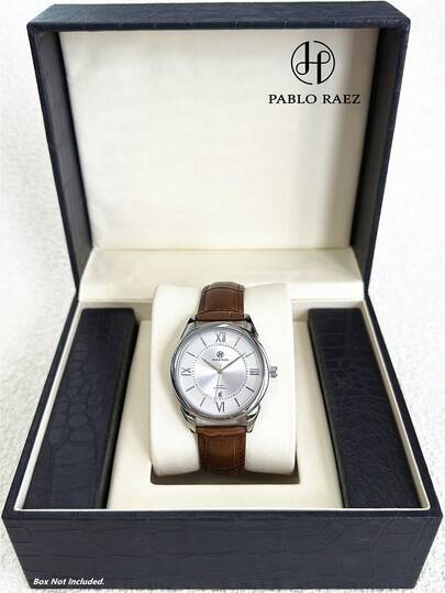 Pablo Raez 1pc Original Classic Man Watch Fashion Casual Wristwatch For Gentleman Designer Silver Non Tarnish Color Luxury Stainless Steel Hours Brown Soft Leather Bracelet Chain Roman Numeral & Bar Scales With Date Display 50M Waterproof Brand New AAA Male Quartz Wristwatch Sports Clock Nice Gifts For Friend Or Family Father Present Fit For Daily Life/Work/Party Decorations Dress Watch Birthday Graduation Wedding Presents