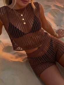 棕色钩编网眼比基尼套装，女士性感无袖露脐上衣和短裤 - 棕色 - 查看 1