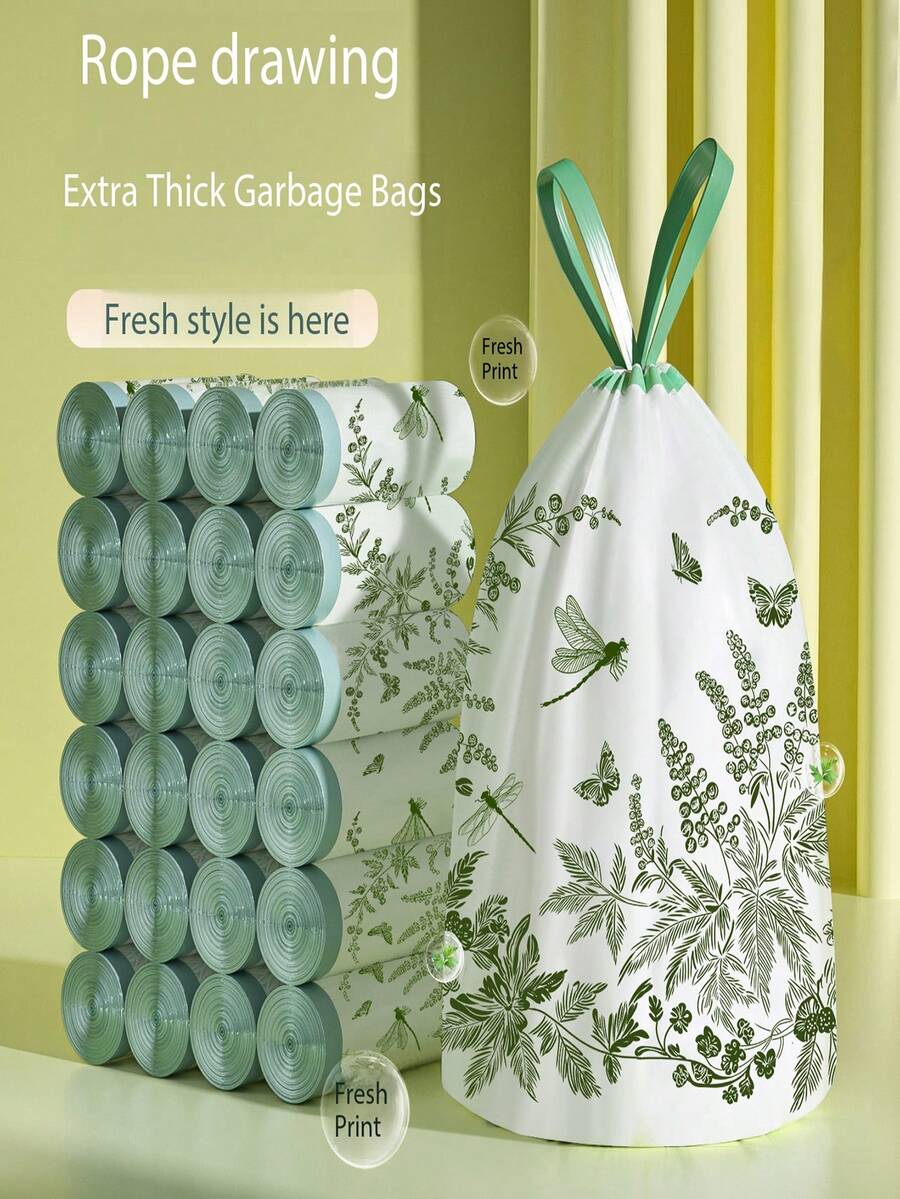 10/50/100/600/1000pcs Artemisia Leaf Drawstring Trash Bags, Butterfly Print Sweet Insect Fragrance, Large Thick Drawstring Garbage Bags, Tear-Resistant Scented Trash Bags, Suitable For Kitchen, Bathroom, Bedroom, Living Room, Car Trash Cans, Multi-Purpose Polyethylene Trash Bags