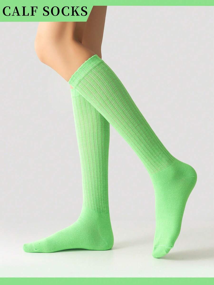 1 Pair Green Vertical Striped Non-Slip Slimming Y2K Style Socks, Unisex Kids Daily Casual School Sports Fitness Fashion Thick Warm Crew Socks, Spring/Summer - Green - View 1