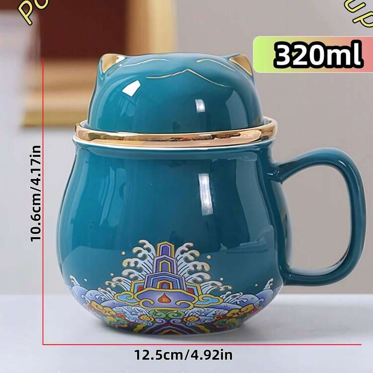 Xícara de chá portátil de cerâmica com filtro para folhas de chá e tampa. Possui design com separação de água e chá, estilo moderno e elegante. Ideal para uso doméstico e no escritório, caneca de viagem reutilizável, presente requintado e xícara de chá sofisticada. Perfeita para casa, cozinha, escritório, sala de reuniões, cafeteria, restaurante, bar, balcão e vitrine. - Verde - Ver 2