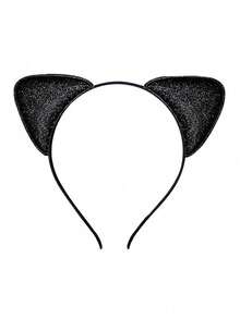 Black Cat Themed Accessories, Glitter Mask Cat Ears, Adult Halloween Cat Ears & Tail Set With Rhinestone Collar - Black - View 10