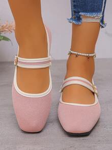 大码 35-43 春秋新款时尚亮片方头平底乐福鞋，休闲软底一脚蹬鞋，适合搭配连衣裙 - 粉紅色細紋布面 - 查看 7