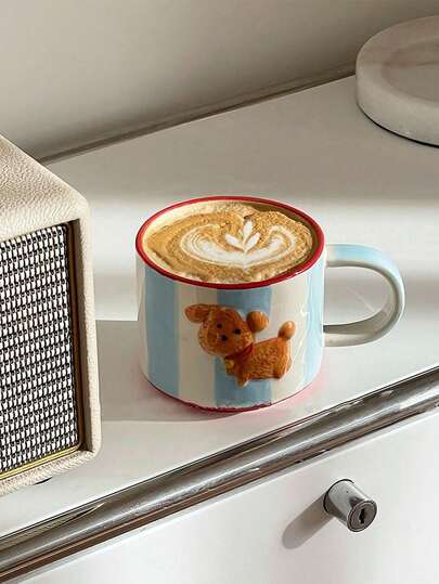 1个手绘陶瓷狗狗造型马克杯，创意条纹浮雕狗狗图案，适合聚会和派对，可爱的早餐牛奶粥碗，下午茶咖啡杯，客厅或卧室的完美礼物