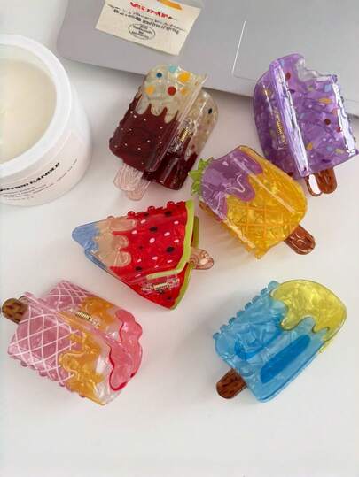 1pc Women's Funny Creative Ice Cream Acrylic Hair Claw Clip Holiday Essential Hair Accessories Summer Beach Hair Clips