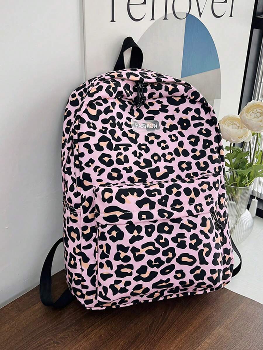 1个豹纹+字母贴布防水尼龙双肩包，大容量，拉链封口，甜美酷炫少女风，休闲通勤背包。 - 彩色 - 查看 1