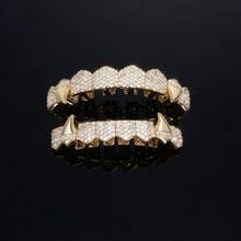 1件/2件装嘻哈风铜镀金锆石吸血鬼牙套，个性化珠宝配饰 - 彩色 - 查看 6