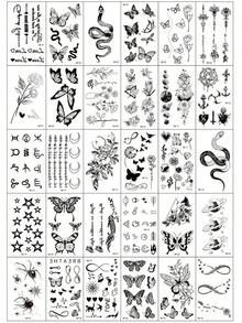 30pcs Creative Temporary Tattoo Stickers, Including Butterfly, Flower, Fox, Dolphin, Jellyfish, Wings, Feather And More Patterns, Suitable For Both Men And Women, Waterproof And Realistic, Can Be Applied To Arms, Face, Fingers, Neck And Any Desired Location. - Black 2 - 查看 2