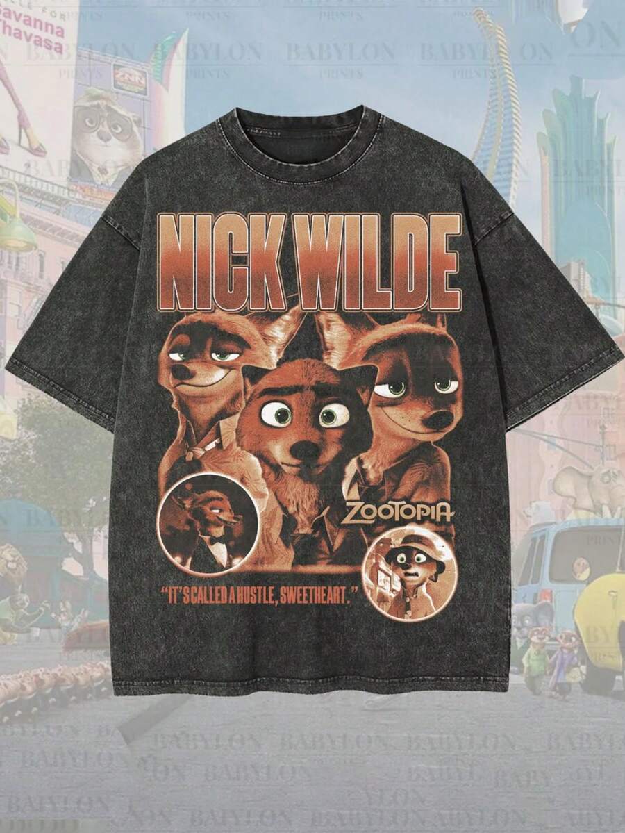 Disney Official Licensed Zootopia Nick Wilde "It's Called A Hustle, Sweetheart" 230g Vintage Washed Oversized T-Shirt Unisex - 黑色 - 查看 1
