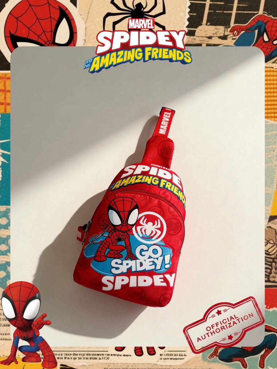 1pc Marvel Official Spiderman Graphic Crossbody Bag, Boys' Casual Shoulder Bag, Lightweight Adjustable Strap Chest Bag, Cartoon Coin Purse, Suitable For Boys, Young Fans, Students, Daily School, Outdoor Play, Theme Park, Vacation, Convenient For Carrying Snacks - Red - View 1
