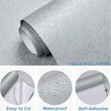 1 Roll 15.7inX39.3/118.1/196.8in Grey-Silver Self-Adhesive Silk Wallpaper, Grey Silk Material Vinyl Wallpaper Suitable For Cabinet Doors, Drawers, Silver Texture Self-Adhesive Removable Waterproof For Bathroom, Bedroom Wall Decor - Grey - View 8