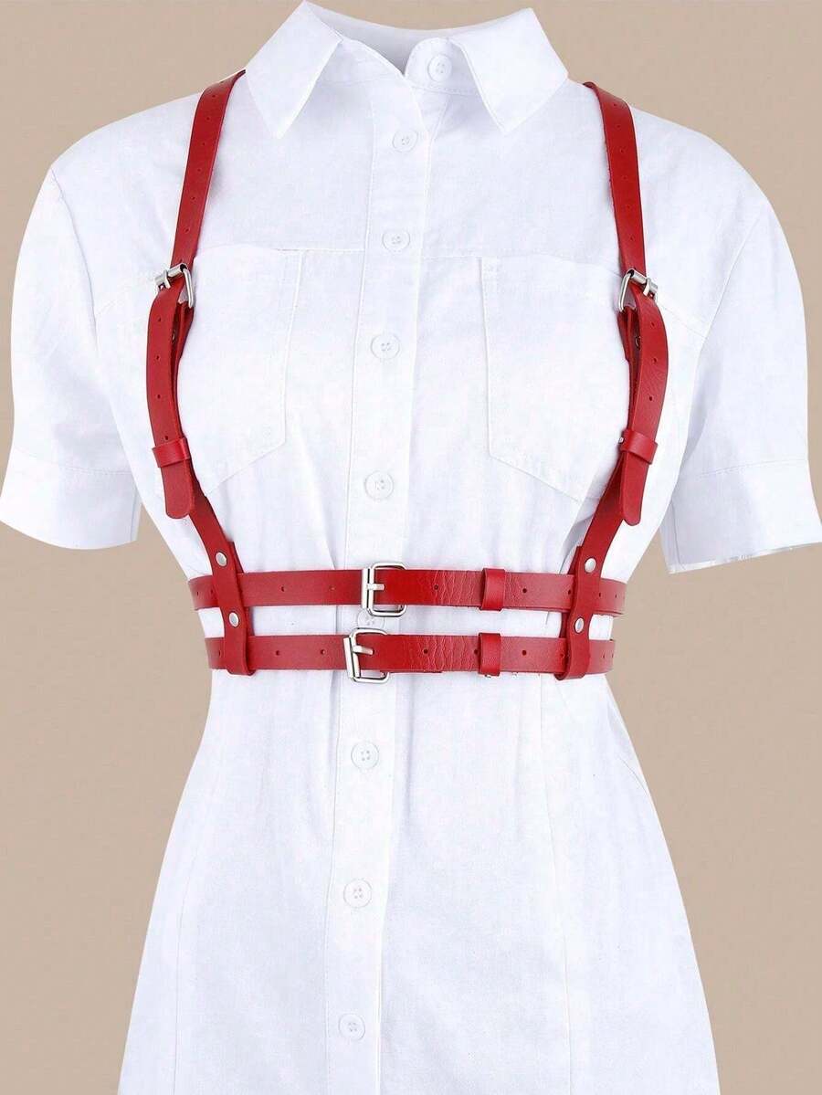 1pc Women's Punk Style Backless Harness Fashion Body Chain Leather Waist Belt, Stylish & Sexy - Red - View 1