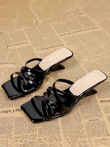 Women's Square Toe Criss-Cross Strap Black High Heel Sandals, Casual Versatile Open Heel Mule Sandals For Summer - Black - View 2