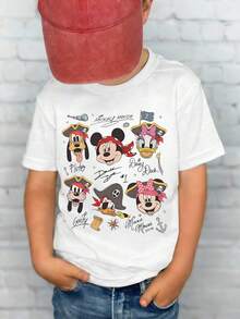 Disney Shining Boy  Mickey Mouse, Pirate Themed Cartoon Print, Casual And Simple Short Sleeved T-Shirt, Suitable For Spring And Summer Seasons, Suitable For Boys And Girls To Wear. Festival Gift - 白色 - 查看 1