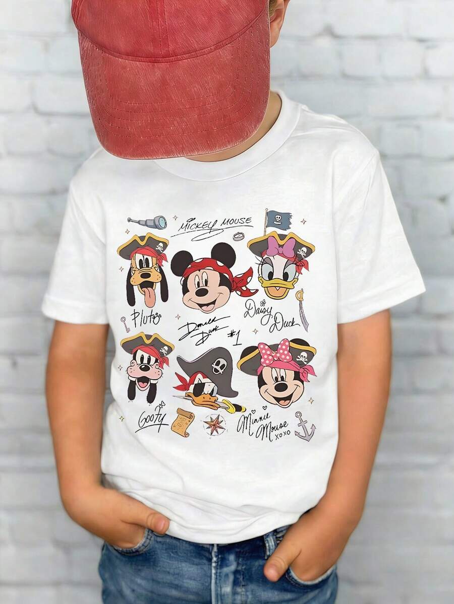 Disney Shining Boy  Mickey Mouse, Pirate Themed Cartoon Print, Casual And Simple Short Sleeved T-Shirt, Suitable For Spring And Summer Seasons, Suitable For Boys And Girls To Wear. Festival Gift - 白色 - 查看 1
