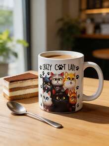 1pc Cute Cat Print Ceramic Coffee Mug/Cup, Capacity: Approx. 11OZ, Versatile Use, Perfect Gift For Christmas, Thanksgiving, Valentine's Day, Father's Day, Mother's Day, Cat Lovers, Suitable For Juice, Milk, Coffee, Birthday And Holiday Gift For Family, Fun Cup - Multicolor - View 11