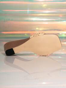 Braided Floral Wedge Mules Women Square Toe Woven Strap Satin Wedge Heel Sandals - Apricot - View 6