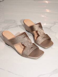Metallic Champagne Braided Twist Wedge Mules Women Square Toe Woven Strap Satin Wedge Heel Sandals - Champagne - View 7