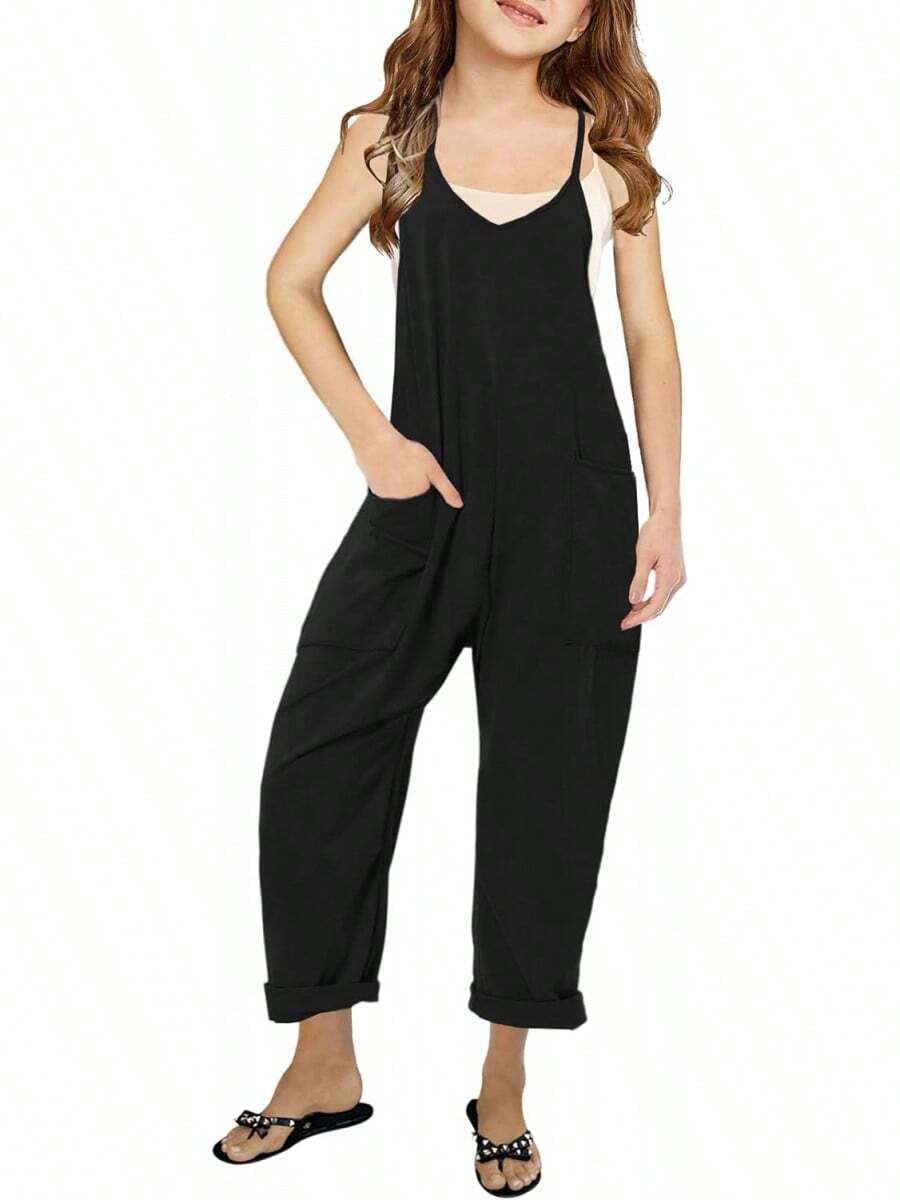 Girls' Casual Sleeveless Jumpsuits Spaghetti Strap Loose Romper Long Pants With Pockets - màu đen - Xem 1
