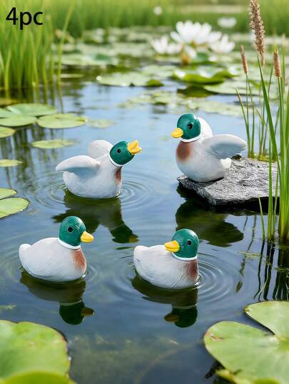 4pcs Green-Headed Duck Resin Micro Landscape Ornaments, Realistic Waterfowl Figurines For Terrarium, Desktop, Car, Home Decor, Recreate The Lively Pond Scene, Bring Fresh And Soothing Atmosphere To Your Space