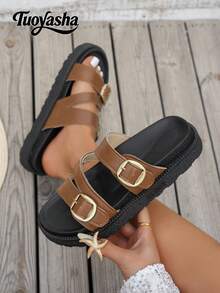 Dép lê đế xuồng dày dặn, kiểu dáng mới, trang trí khóa kim loại, thời trang, thoải mái, đa năng, chống bám bẩn, thích hợp cho mang hàng ngày. - màu nâu - Xem 2