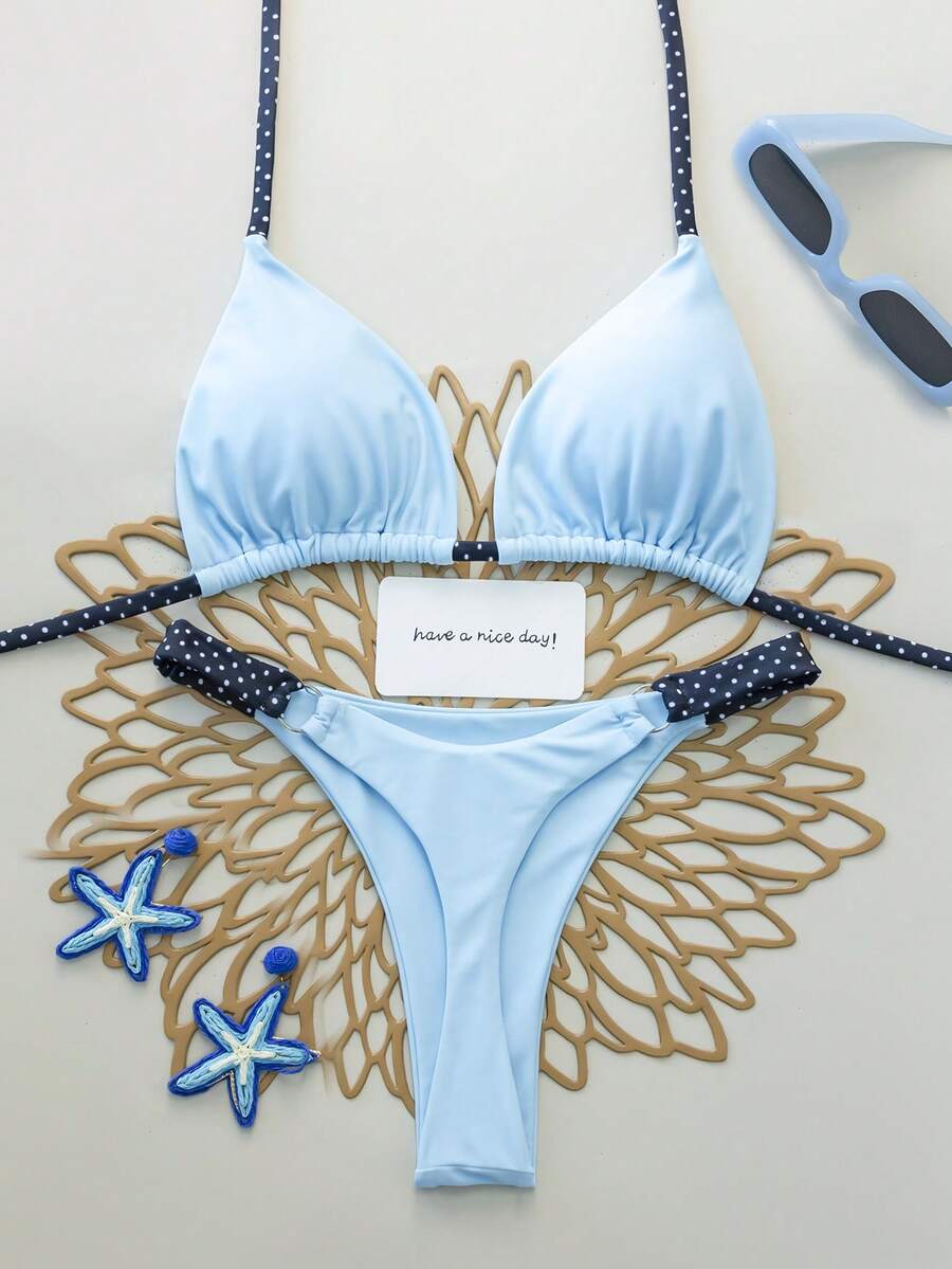 女士挂脖系带比基尼套装，性感优雅，舒适的蓝色波点印花泳衣，适合海滩、度假村、泳池派对、春夏假期穿着。 - 淺藍色 - 查看 1