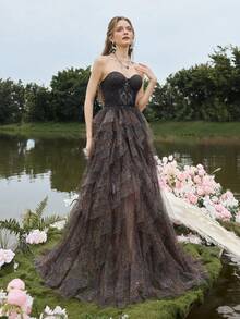 Faeriesty Women's Leopard Print Strapless Ruffle Hem Slit Design Evening Gown Dress, Suitable For Modern Art Gallery Openings And Avant-Garde Galas - Brown - View 7