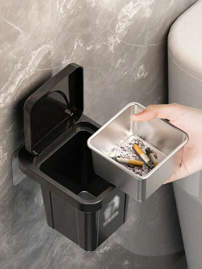 1 pieza Cenicero de pared de acero inoxidable con tapa, diseño creativo de basurero doméstico, anti-cenizas, adecuado para sala de estar, dormitorio, oficina, baño, cocina, regalo de vacaciones, Año Nuevo, Día de San Valentín, Día de la Madre, Día del Padre, Graduación de verano, decoración del hogar