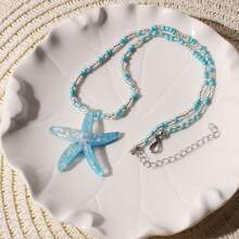 1pc Summer Ocean Style Resin Starfish Necklace, Iridescent Resin Pendant + Seed Bead Chain, Blue & White Ombre Fresh Vacation Vibe Choker Necklace, Unique Design Teenage Girl Jewelry - Starfish - View 7