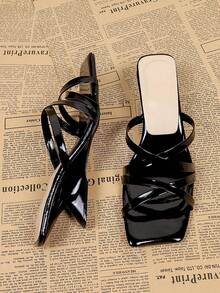 Women's Square Toe Criss-Cross Strap Black High Heel Sandals, Casual Versatile Open Heel Mule Sandals For Summer - Black - View 4