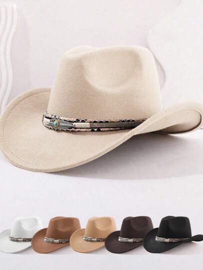 1 男女通用西部牛仔帽，仿羊毛纯色牛仔帽，美式柔软粗花呢户外宽檐牛仔帽，适合节日派对和郊游。