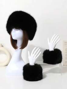 1 Set Women Winter Warm Hat And Wrist Warmer Suit, Casual Cute Fuzzy Hand Cuffs, Suitable For Outings, Dates, And Parties - MM1897 - View 11