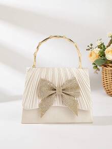 优雅褶皱缎面手拿包，饰以水钻蝴蝶结和金色手柄——婚礼和派对的完美之选 - 杏色 - 查看 4