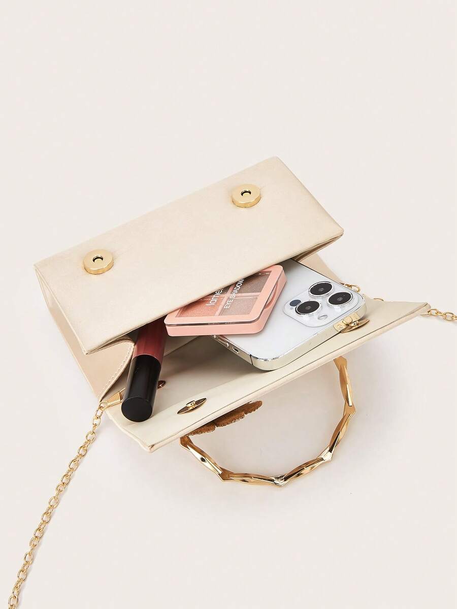 Luxury Champagne Satin Clutch, Gold Handle & Rhinestone Flower Applique For Prom & Cocktail - Apricot - View 1