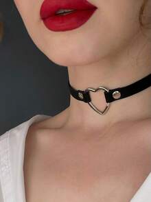 1pc Women's Sexy Choker Punk Necklace, Gothic Black PU Leather Tassel Studded Bondage Bell Party Jewelry Accessory - Black - View 3