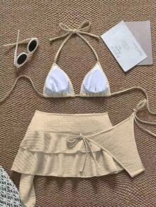 3 piezas Conjunto de bikini casual de tela especial para fiesta en la playa, ropa de playa de unicolor para vacaciones de verano - Naranja - Ver 2