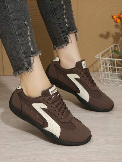 2025 Autumn New Women's Outdoor Casual Sports Shoes, Metal Buckle Decor, Faux Leather, Lace-Up, Comfortable & Fashionable